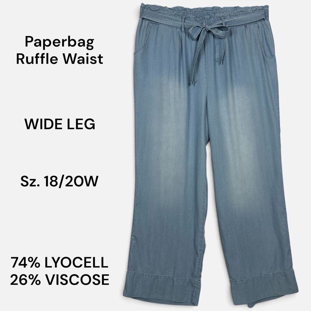 Cato Chambray Paperbag Womens Plus-Size Pants 18w/20w Belt Wide Leg Baggy Drapey